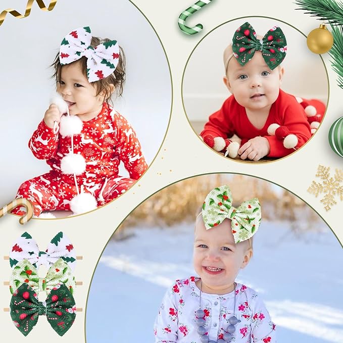 Christmas Baby Headbands, Santa Printed Elastic Nylon Hairbands in Red, White, Green for Newborn and Infant Girls, 3 Pcs (Christmas-A)