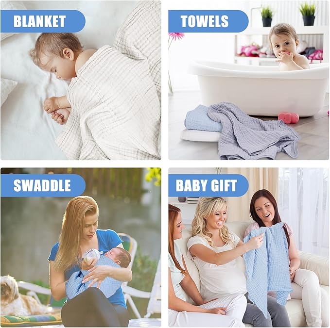Muslin Baby Bath Towels Set 3 Pack Ultra Soft and Absorbent Baby Towels Infant Toddler Blanket Towel 6-Layer Natural Cotton Towel Suitable for Girl Boy 40x40 inches (White&Blue&Grey)