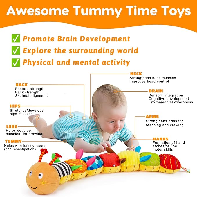 Baby Sensory Caterpillar Toys 0-3 Month Music Animal Stuffed Plush Toy for Infant 0-3-6-12 Month Tummy Time with Crinkle Rattle for Newborn 9-12 Month Toy for Boy Girl Birthday Shower Gifts Orange
