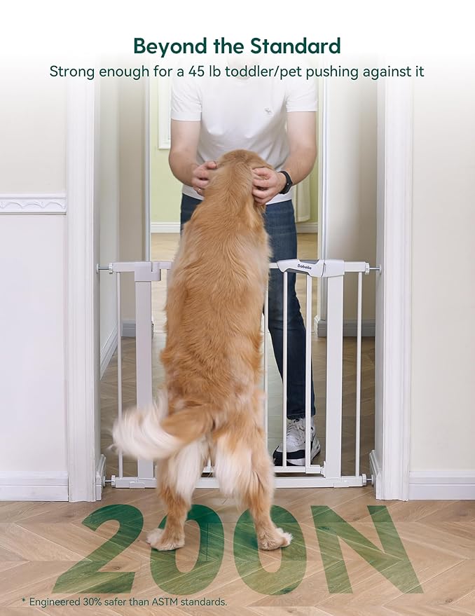Babelio 36" Tall Baby Gate, PressGuard P7, 29-48" Auto Close Pressure Mounted Dog Gate for Stairs, Doorways & Hallway, Protector Basics Easy Walk Thru Pet Gate, White