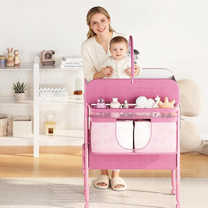 GarveeHome Baby Changing Table with Storage, Portable Foldable Diaper Changing Station with 2 Storage Baskets, Height Adjustable Waterproof Changing Table for Infant and Newborn
