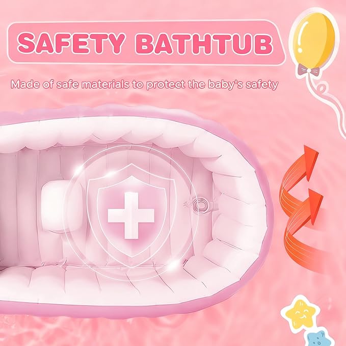 Inflatable Baby Bathtub, Collapsible Safe Baby Bath Tub, Portable Travel Shower Basin with Built-in Air Pump, Newborn to Toddler Bath Tub, Deflates and Folds Easily, Non-Slip (Pink)