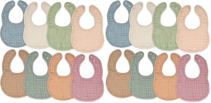 Comfy Cubs Muslin Bibs for Babies, Pack of 16 - Soft and Highly Absorbent, Feeding, Drool and Teething Bib, Adjustable Snaps - Stylish & Colorful Unisex Designs, Giftable Set - Multicolor