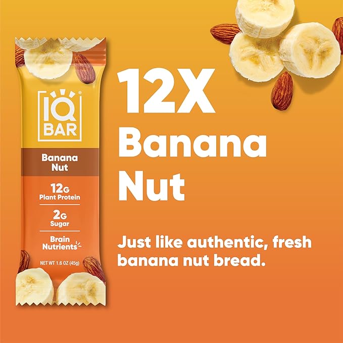 IQBAR Brain and Body Clean Plant Protein Bars - Banana Nut - 12 Bars - Keto, Vegan, High Fiber, Gluten and Dairy Free, Low Sugar Snack with Nutrients for Focus, Energy, Meal Replacement