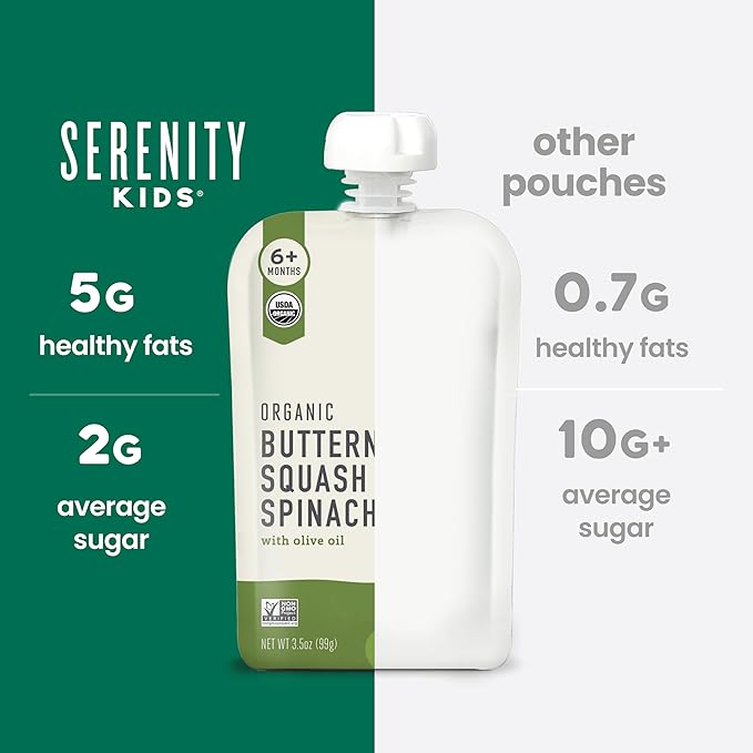 Serenity Kids 6+ Months Veggie Puree Baby Food Pouches - USDA Organic BPA-Free Allergen-Free Pouches - No Added Sugar Toddler Snack - Spinach & Squash Baby Puree - 3.5 Oz, Pack of 6