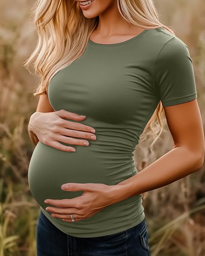 Huukeay 4 Pack Women's Maternity Shirts, Crew Neck Maternity Top Short Sleeve Casual Cotton Tee Side Ruched Pregnancy Clothes