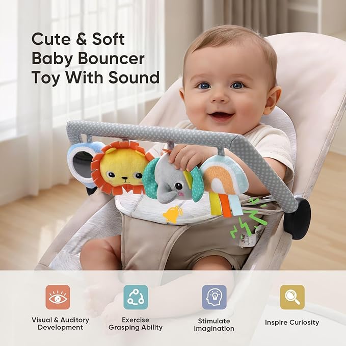 Baby Bouncer Toy Bar Soft with 4 Hanging Sensory Toys Attachment, Compatible with Baby Bjorn Bouncer, with Mirror, Rattle, Crinkle Sound for Babies All Ages (Colorful Animals)