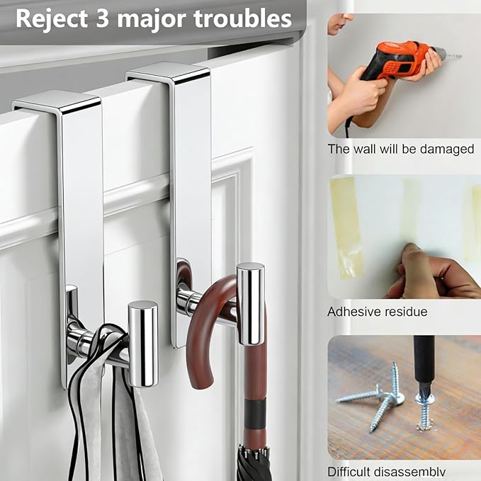 PMMASTO 2-Pack Over The Door Hooks - Rustproof Stainless Steel Door Hangers for 1-3/4 Inch Doors, Non-Marking and Tool-Free Easy Install (Polished Silver, T Shape-Fits 1-3/4" Thick Door)