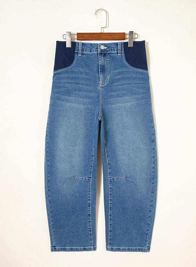 BLENCOT Women's Maternity Jeans Elastic Hight Waist Stretch Barrel Jeans Wide Leg Side Panel Pregnancy Denim Pants