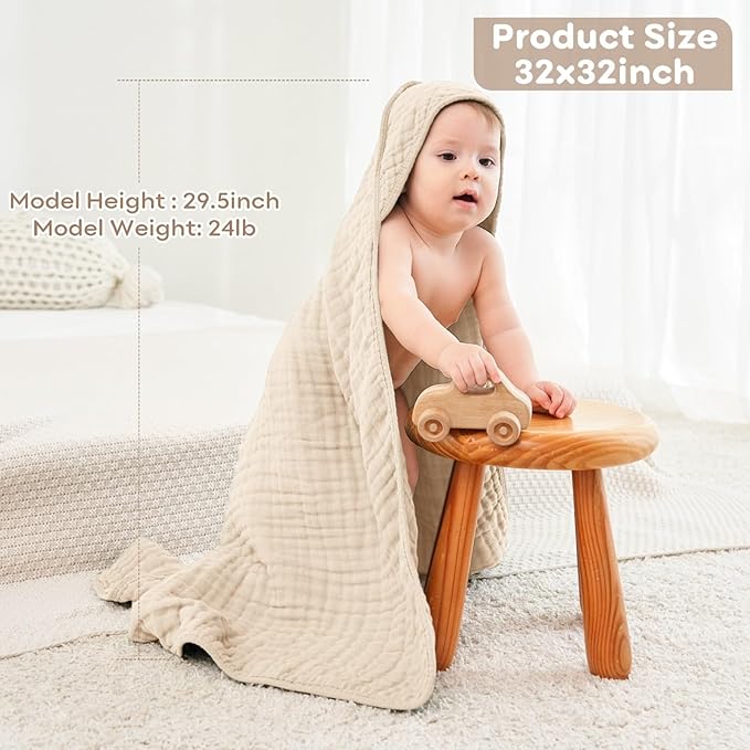 Baby Bath Towels, 100% Muslin Cotton Hooded Baby Towels for Newborn, Baby Towels with Hood for Infant Toddler and Kids, Large 32x32Inch, Soft and Absorbent