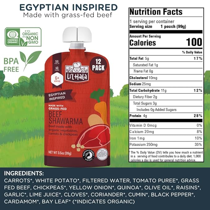Li'l Hala Foods - Baby Meat Pouches - Toddler Meals with Meat – Protein & Healthy Fats Puree – No Hormones – 6+ Months – 3.5 oz (12 Pack) (Beef Shawarma)
