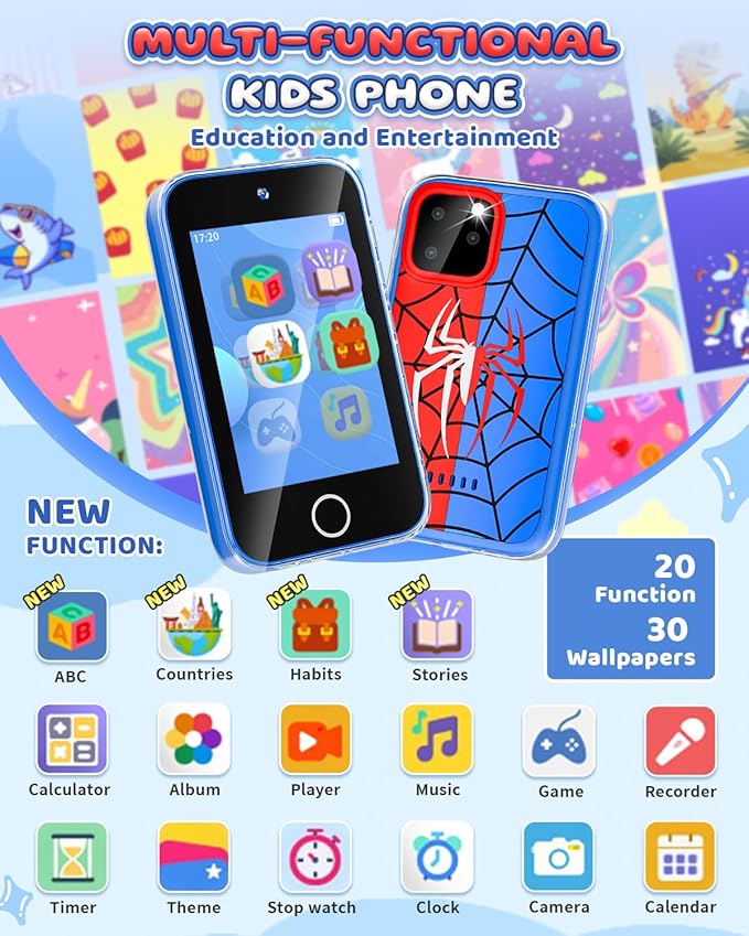 Kids Phone 3.5" Touchscreen, Pretend Smartphone with Dual Camera, Spider Toy Phone for Boys 3-8, Learning ABC & Habit Tracker, Birthday