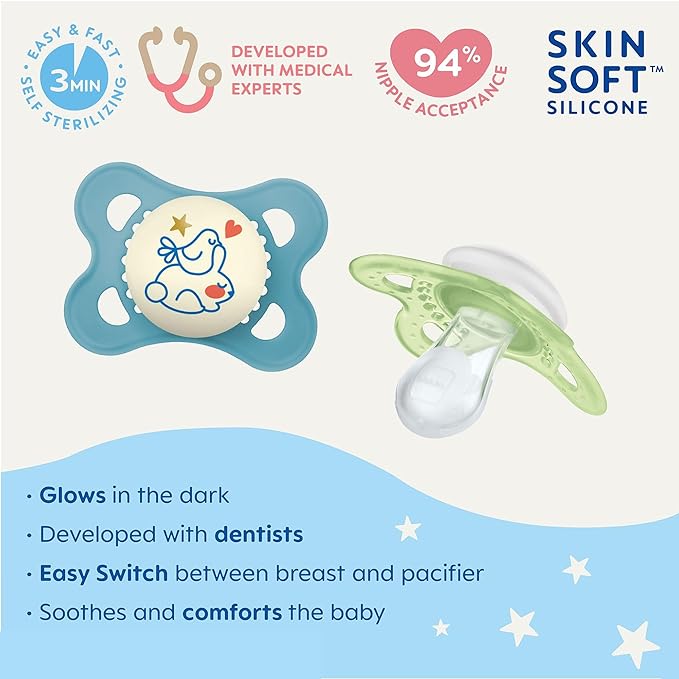 MAM Original Baby Pacifiers 0-6 Months, Binky for Newborn Babies, BPA-Free Skin Soft Silicone Nipple, Glows in The Dark, Developed with Medical Experts, 4 Count, Made in Europe
