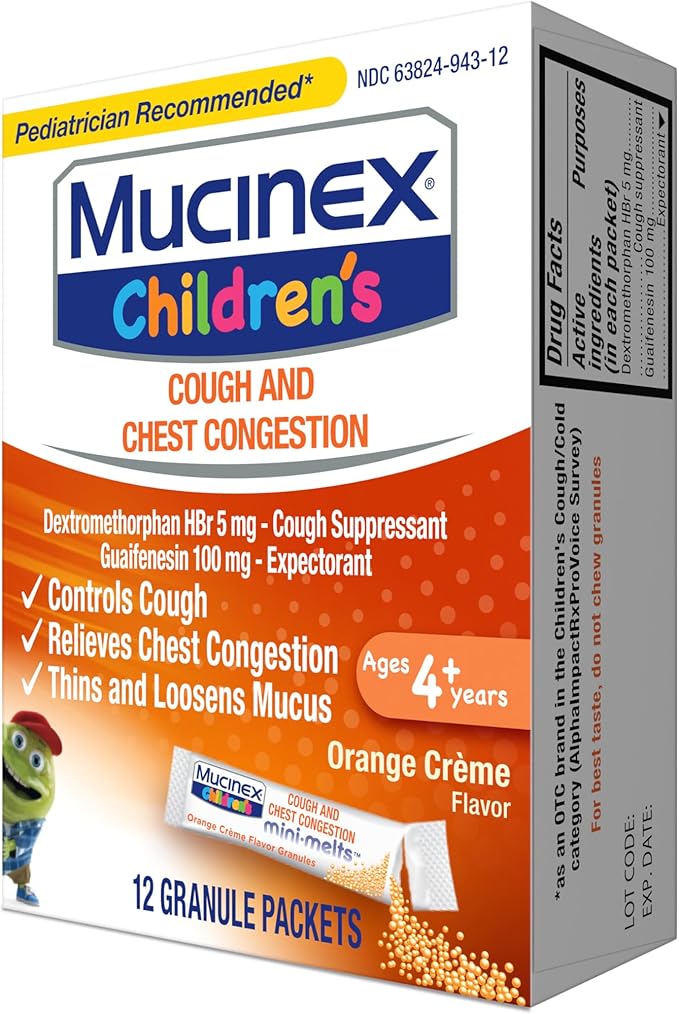 Mucinex Children's Chest Congestion Expectorant and Cough Suppressant Mini-Melts, Orange Cream, 12 Count (Packaging May Vary)