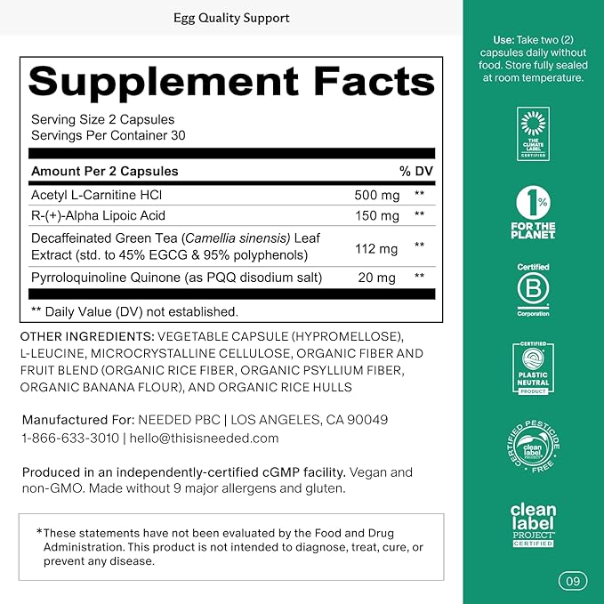 Needed. Egg Quality Support - Optimally Formulated Antioxidants Supplement for Egg Quality - Fertility Support - Fertility Supplement for Women - 60 Capsules - 30 Day Supply