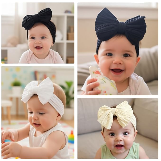 JOYOYO 3 Pcs Soft Wide Turban Baby Headbands with Double-Layer Bow for Baby Girls, Newborns, Toddlers(White, Beige, Black)