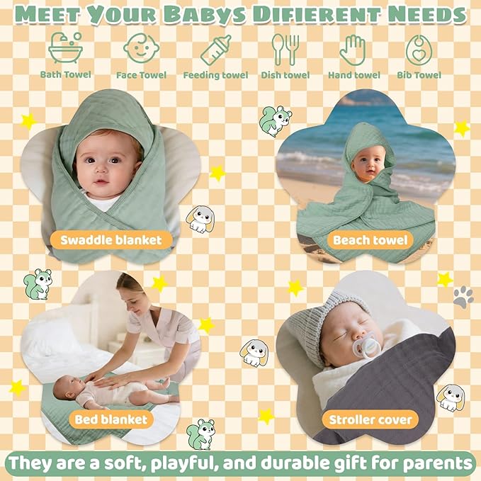 6 Pcs Muslin Hooded Baby Bath Towels Sets - 2 Pack 100% Cotton Baby Towel & 4 Pack Muslin Washclothes- 32x32Inch Baby Towels Cotton for Babies, Infants, Toddlers, 100% Cotton, Bath Essentials