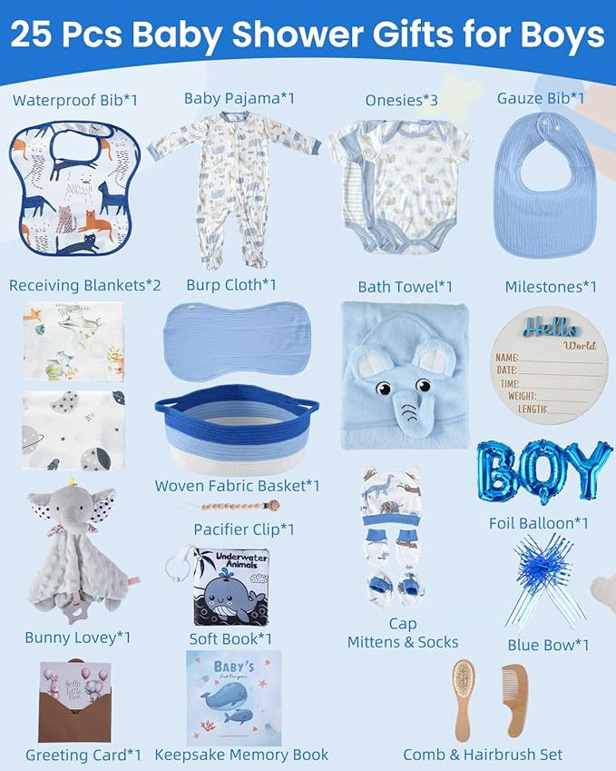25-Pcs Luxury Baby Boy Gift Basket Set, Blue (0-12M Newborn) | Premium Baby Shower Gifts with Keepsake Memory Book. Ultimate Newborn Essentials in Woven Basket for Unforgettable Welcome Mom Gift