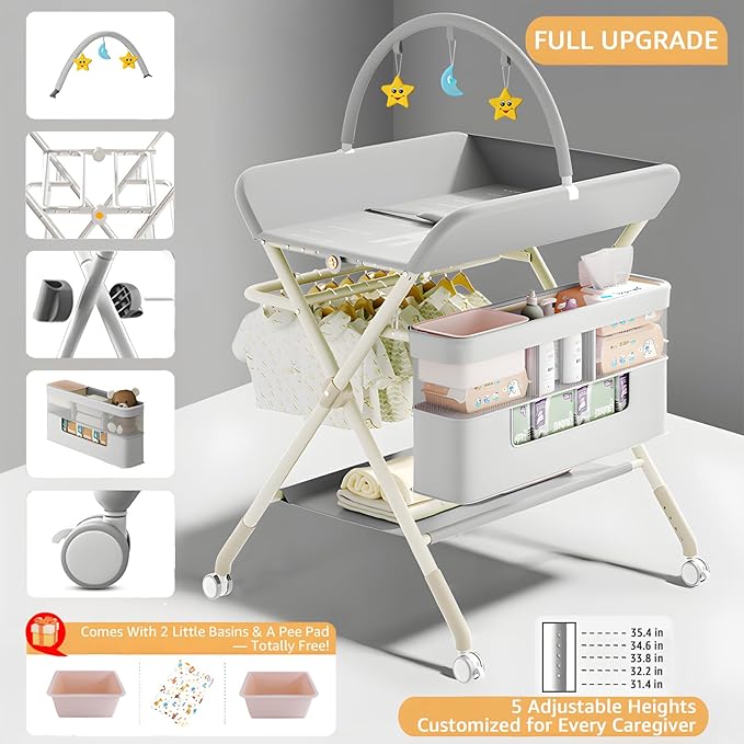 Changing Table, Portable Baby Changing Table with Wheels, Upgraded Foldable Diaper Changing Station with 5-Level Adjustable Height & Large Nursery Organizer Storage for Newborn Infant