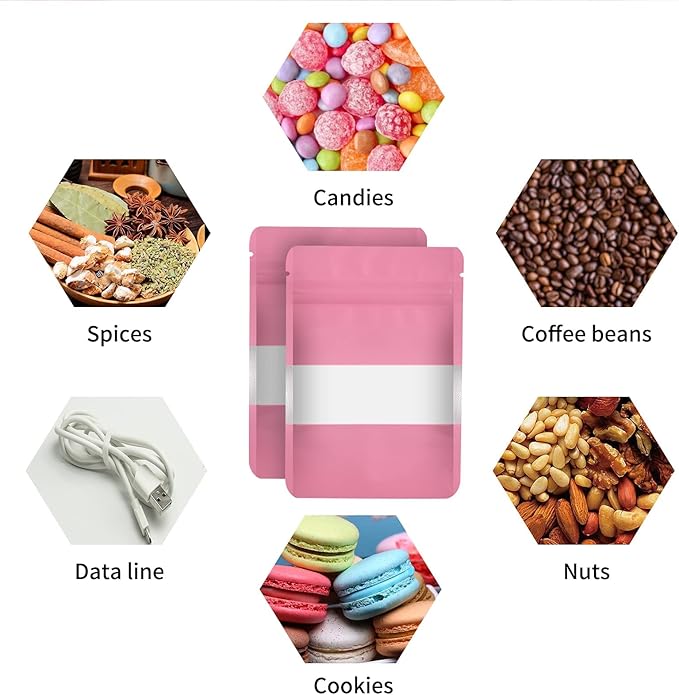 100 Pieces Smell Proof Mylar Resealable Food Storage Bags With Clear Window, Foil Pouch Stand-up for Self Sealing Supplies (Pink, 5.3 x 7.8 Inch)