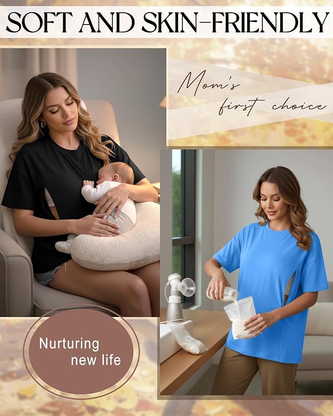 3 Pack Women's Oversize Nursing Breastfeeding Shirts Hidden Zipper Short Sleeve Loose Fit Maternity Tops