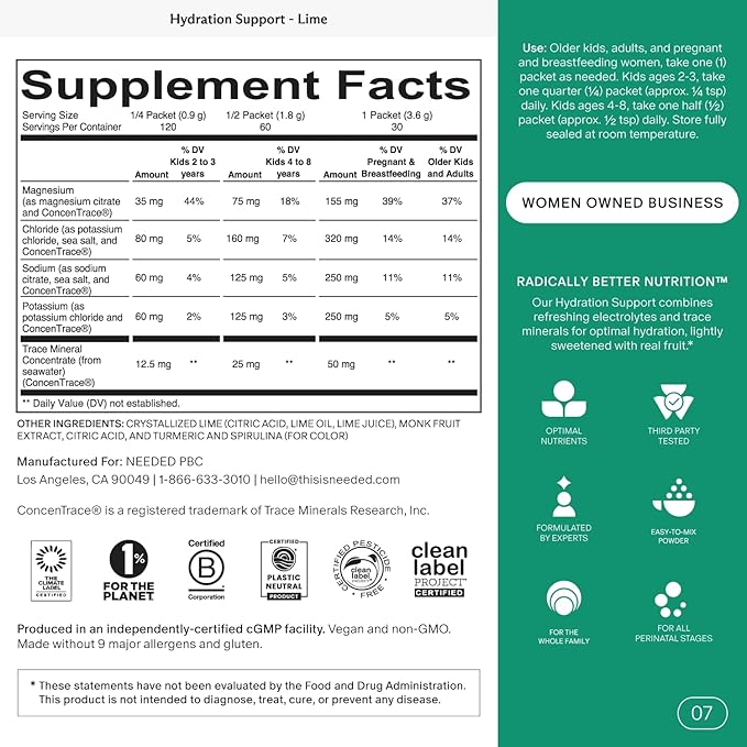 Needed. Hydration Support with Electrolytes & Trace Minerals – Electrolytes for Pregnancy & During Lactation - 30 Hydration Packets Lightly Sweetened with Hint of Lime