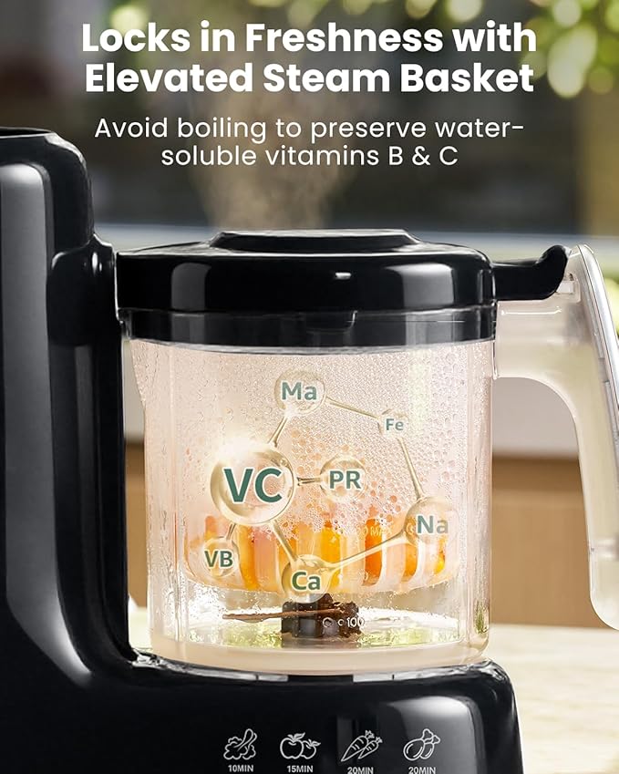 Grownsy Baby Food Maker with Steam Basket, One Step Baby Food Processor Steamer Puree Blender Grinder Mills Machine, Auto Cooking Grinding and Sterili-zing for Healthy Homemade Baby Food, Blcak