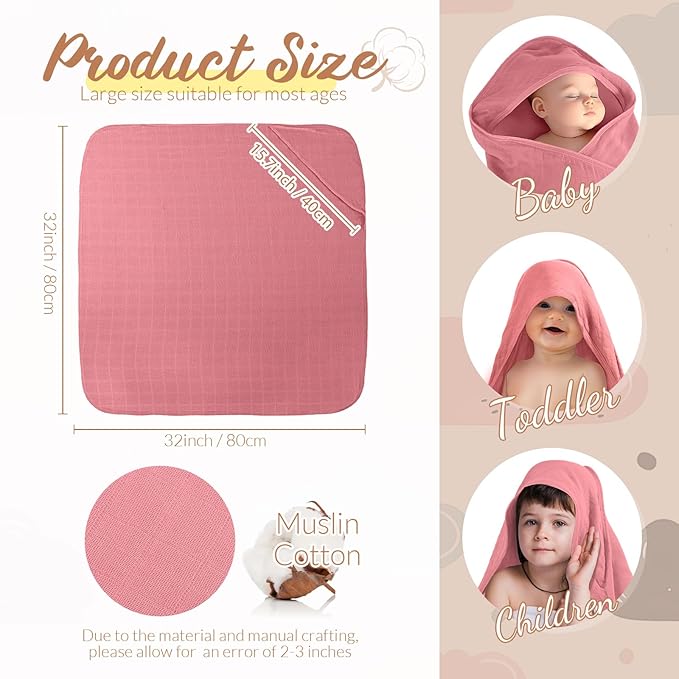Preboun 4 Pcs Muslin Hooded Baby Towels,32"x 32" Cotton Newborn Bath Towel Muslin Infant Baby Blankets Absorbent Unisex Newborn Registry Gift for Girls Boys(Light Pink Series)