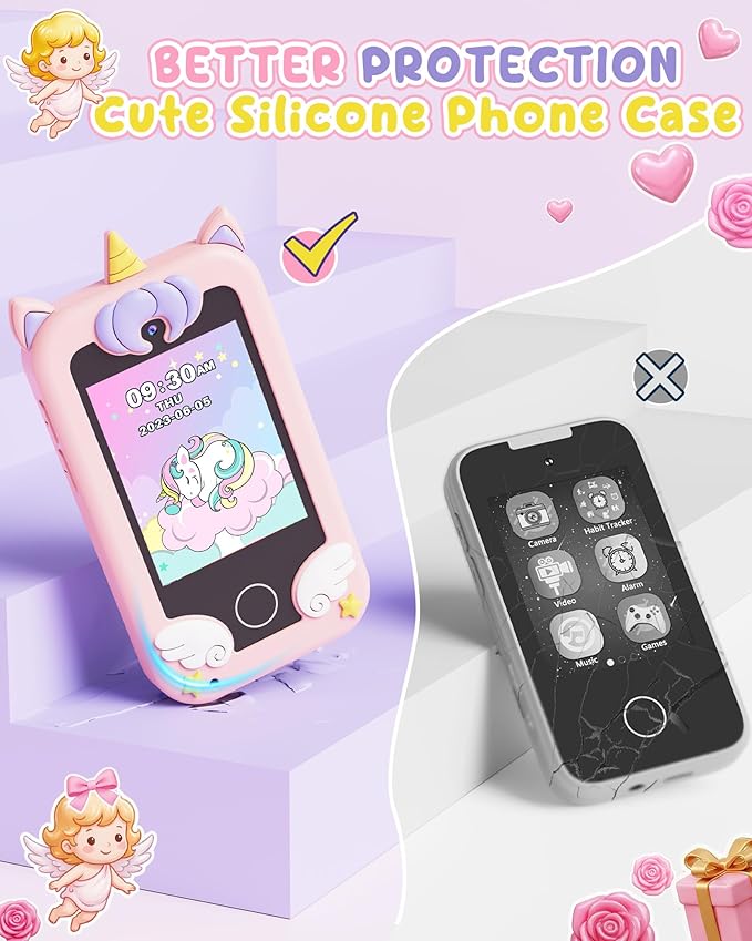 UCIDCI Unicorn Kids Smart Phone Toys for Girls Ages 3-7 with Dual Camera - Toddler Phone with Learning Games, Travel Toys with MP3 Music Player for Christmas, Birthday Gifts for 3 4 5 6 7 Year Old