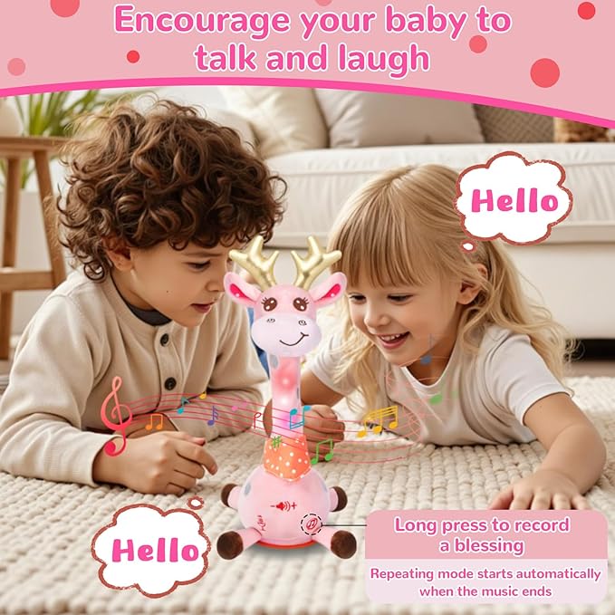 MILGEI Dancing Talking Giraffe Toy, Singing Musical Tummy Time Baby Toy with Volume Adjustment, 10 Children's Songs Light Up Toys, Repeating What You Say, Pink Giraffe Stuffed Animal for Girls Boys