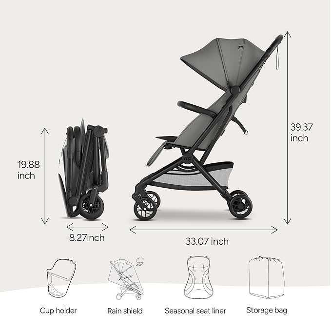 Mompush Velo Lightweight Travel Stroller, Compact & Airplane-Friendly for Baby and Toddler, Lie-Flat Seat, One-Hand Fold, with Leather Bumper Bar, Shoulder Strap, Raincover, Storage Bag & Cup Holder