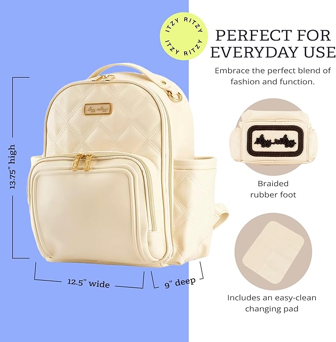 Itzy Ritzy Mini Diaper Bag Backpack – Chic, Compact Mini Plus Backpack with Changing Pad, 10 Pockets (6 Internal, 4 External), Grab-Top Handle & Rubber Feet (Milk & Honey)