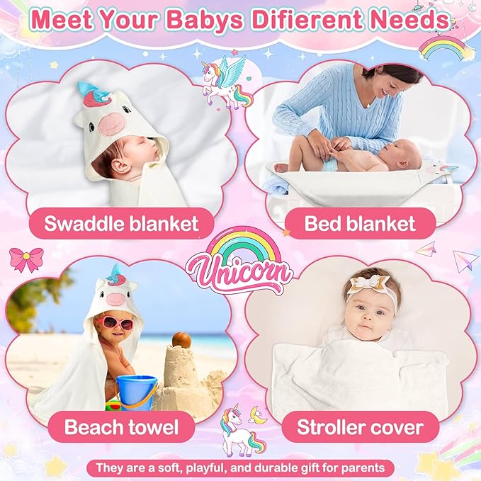 4 PCS Baby Towels Set, Soft Absorbent Baby Hooded Bath Towel, 1 Baby Towel and 3 Baby Washcloths for Newborns, Toddlers, and Kids, 32x32 inch Baby Towel for Boy and Girl (White Unicorn)