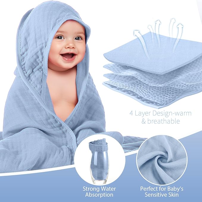 Preboun 4 Pcs Muslin Hooded Baby Towels,32"x 32" Cotton Newborn Bath Towel Muslin Infant Baby Blankets Absorbent Unisex Newborn Registry Gift for Girls Boys(Blue Series)