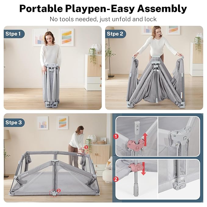Baby Playpen Portable, Pre-Assembled Play Pen 71x79 Large Foldable Playpen for Babies and Toddlers, Sturdy and Safe Toddler Play Yard Indoor Outdoor with Carry Bag,Light Grey