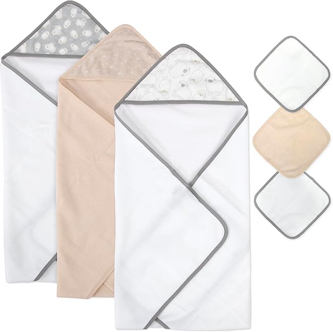 Hooded Baby Bath Towel and Washcloth 6 Piece Set for Newborns, Infants & Toddlers, Boys & Girls Baby Hooded Towels Set (Little Lambs & Moons)