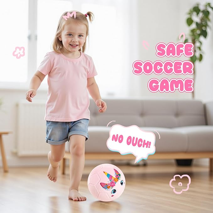 ZOOJOY Soft Balls for Toddlers 1-3, Silent Indoor Soccer Ball Size 3, Plush Inflatable House Ball for Kids 3-5, Kickball Toys First Birthday Gifts for Baby Boys Girls, Pink Unicorn, Pump Include