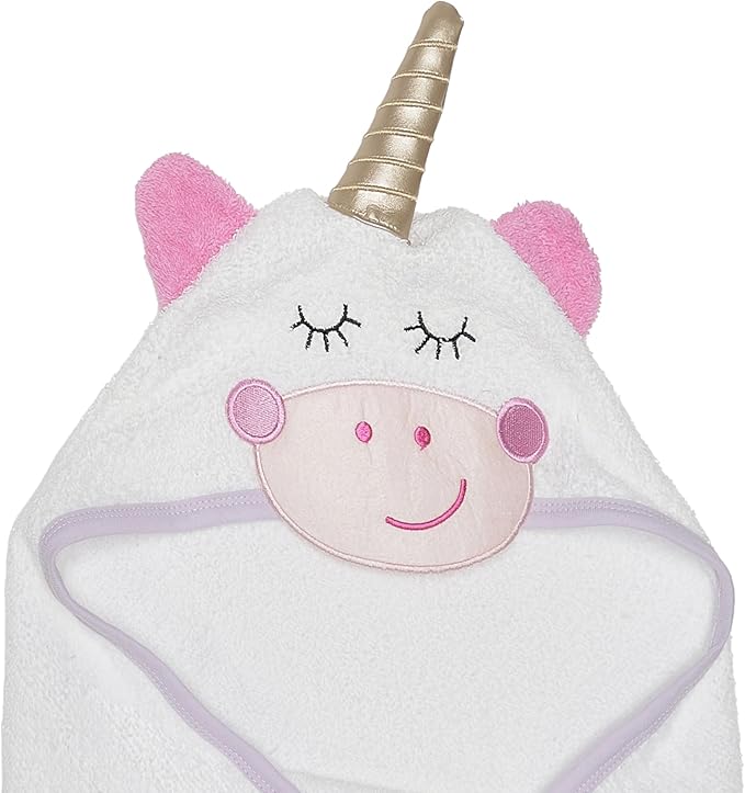 EVERYDAY KIDS Hooded Baby Toddler Bath Towel for Girls - 3D White Unicorn Towel with Horn; Soft and Absorbent Terry Cloth Hooded Towel for Young Kids; Baby Girl Bath Essential