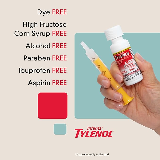 Infants' Tylenol Oral Suspension Liquid Medicine with Acetaminophen, Baby Fever Reducer & Pain Reliever for Minor Aches & Pains, Sore Throat, Headache & Teething Pain, Dye-Free Cherry, 1 fl. oz