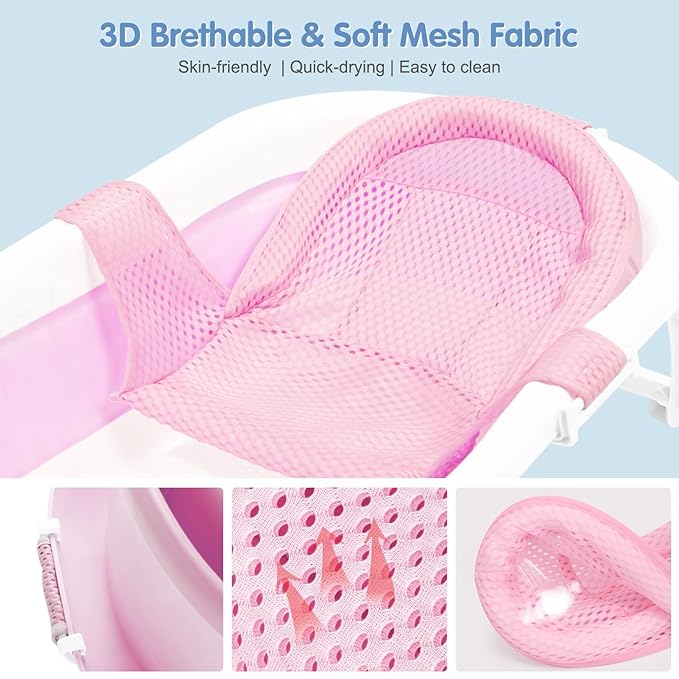 Colorlife Baby Bath Seat Support Net Infant Bathing Seat Support Mat, Adjustable Comfortable Non-Slip Three-Pointed Baby Shower Net Bathtub Sit Up Net for Newborn 0-12 Months-Pink(No Bathtub)