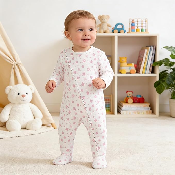 Baby Footie Jumpsuit, 100% Cotton Long Sleeve Footed Romper, Summer Outfit for 0-12 Months