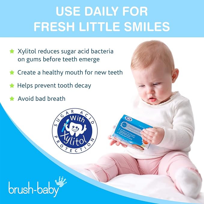 Brush Baby Teething Relief Dental Wipes for Ages 0-Toddler - Naturally Eliminate Teething Pain, Prevent Tooth Decay and Sour Milk Breath - 28 Finger Wipes
