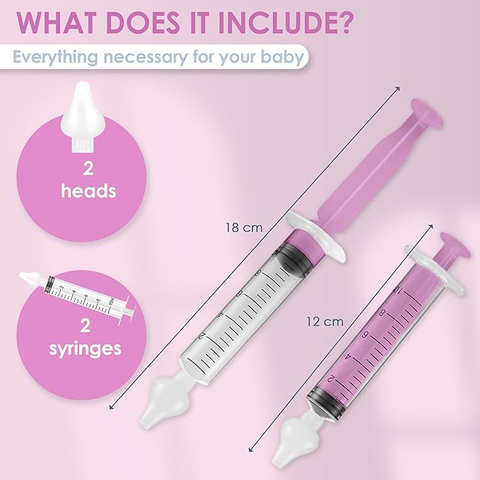 Bluet B - Baby Nasal Syringe (2-Pack) - Safe Silicone Nasal Aspirator for Newborn - Infant Mucus Removal - 10ml Nose Cleaner Syringe for Baby - Toddler Congestion Relief - Reusable Tips - Pink