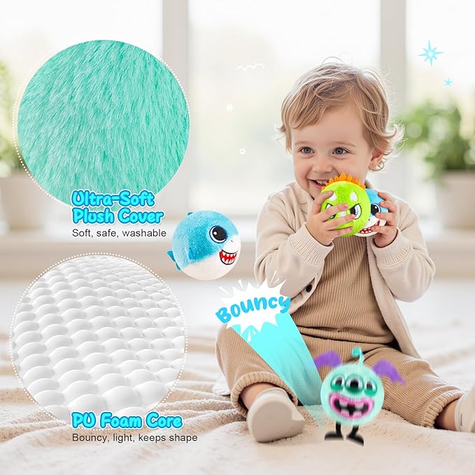 ZOOJOY 3 Pcs Plush Bouncy Balls for Toddlers and Kids, 3-Inch High Bounce Sensory Toys Featuring Dinosaur, Shark & Monster, Soft Game Balls Gift for Boys 6 Months+, Indoor & Outdoor Play