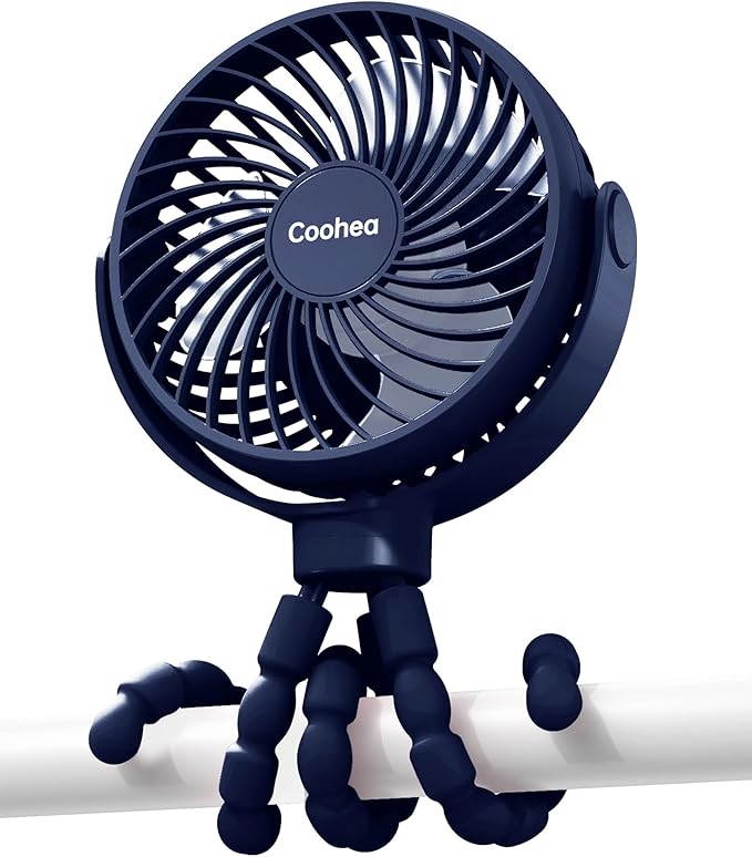 Stroller Fan Clip on for Baby, 4000mAh Rechargeable Battery Operated, Flexible Tripod, 3 Wind Speed, 360° Rotatable, Small Cooling Portable Fan for Car Seat Crib Golf Cart, Navy Blue