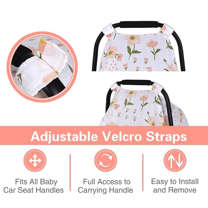 Muslin Car Seat Cover for Babies, Metplus Breathable Infant Carseat Cover Lightweight Baby Carrier Cover for Girls Boys, Fit Spring Summer/Hot Days/Warm Weather, Pink Floral