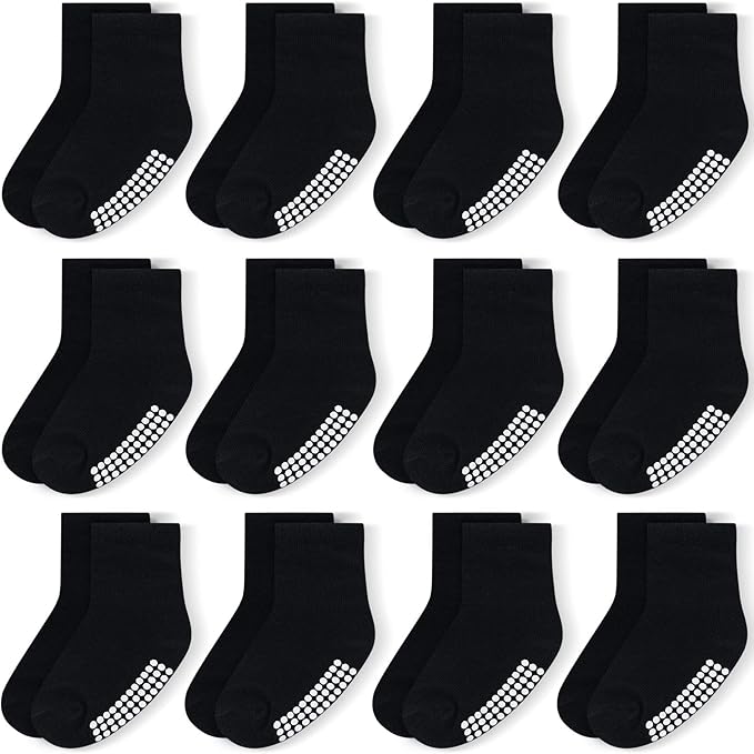JAKIDAR 12 Pack Baby Toddler Socks Non Slip Grip Cotton Crew Socks for Boys Girls Infants Kids