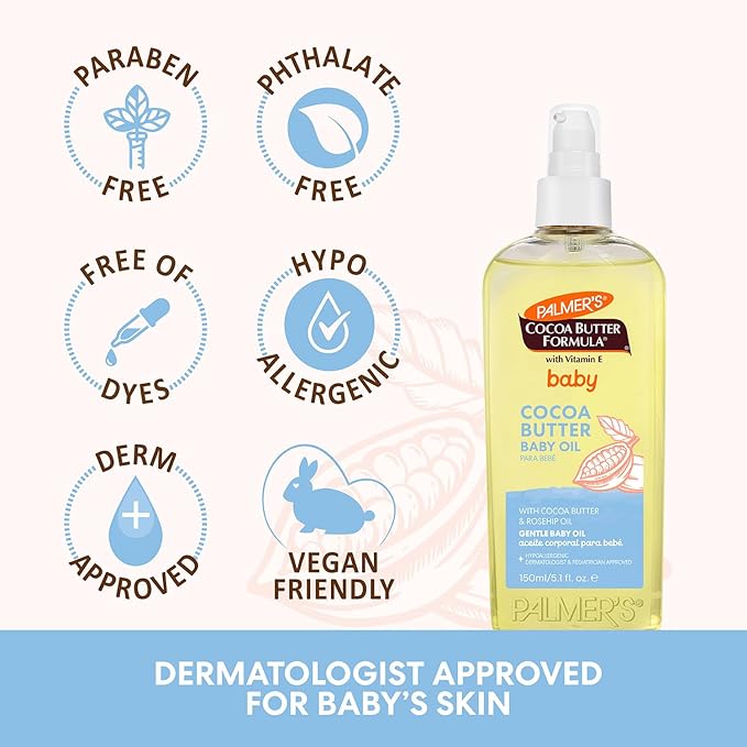 Palmer's Cocoa Butter Formula Gentle Baby Oil, 5.1 fl oz, Nourishing for Delicate Skin, Vitamin E Baby Essentials (Pack of 2)