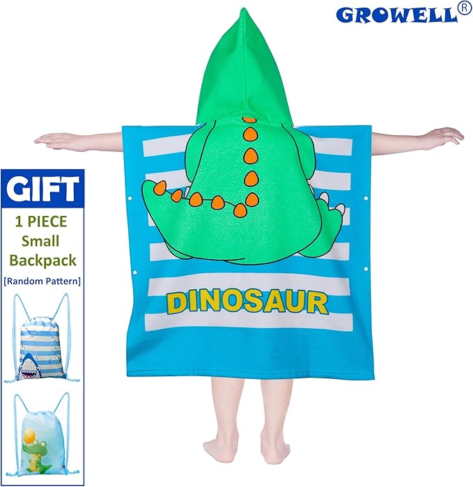 Hooded Kids Beach Towels - Toddler Bath Towel Girls Boys Swim Cover-ups for Ages 4 to 10 Kids Pool Towels Quick Dry Lightweight Soft Microfiber Poncho 30x30 with Bag (Dinosaur Green)