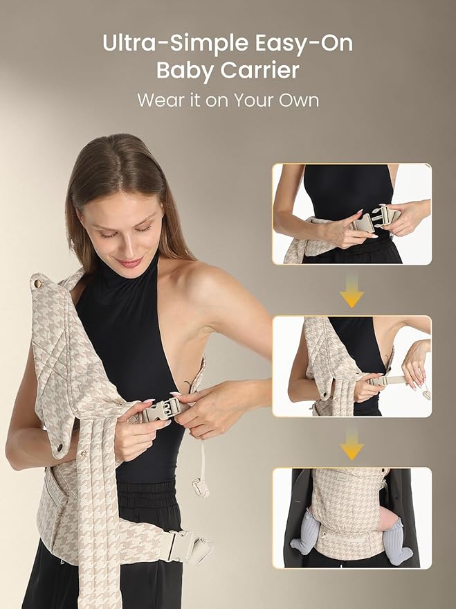 GROWNSY Baby Carrier Newborn to Toddler, Lightweight Ergonomic 7-44 lbs Newborn Carrier with Head Support, Easy to Wear Hands Free Infant Carrier for 0-36 Months, Beige Houndstooth